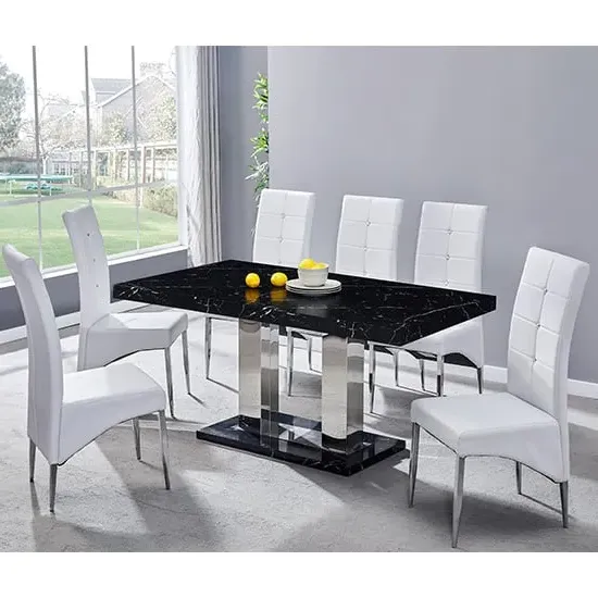 Candice Dining Set with 6 Vesta Chairs - Milano Marble, White