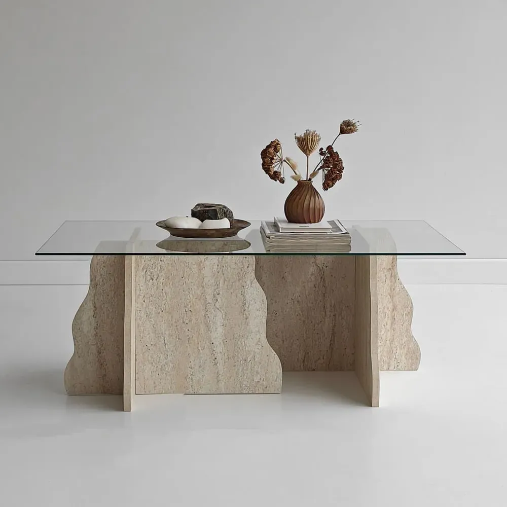 Canyon Rectangular Coffee Table - Travertine Marble Effect, Glass product