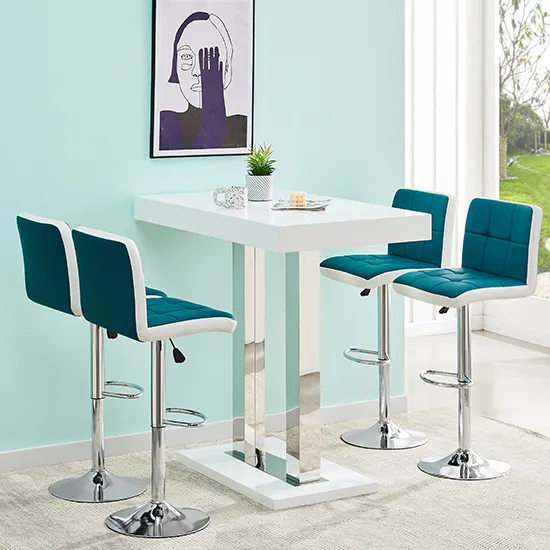 Caprice Bar Table & 4 Copez Stools Set - Teal, High Gloss product