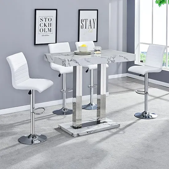 Caprice Diva Bar Table with 4 Ripple Stools - White, Marble Effect