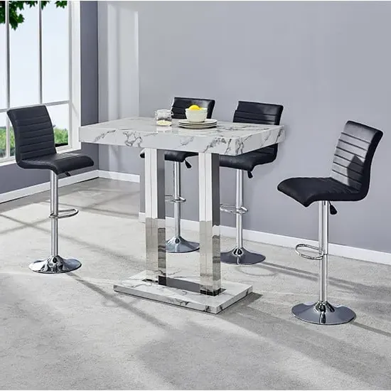 Caprice Diva Bar Table with 4 Ripple Stools - White, Marble Effect