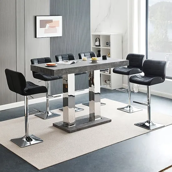 Caprice Large Bar Table with 6 Candid Stools - Concrete Effect