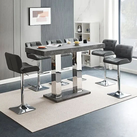 Caprice Large Bar Table with 6 Candid Stools - Grey, Concrete