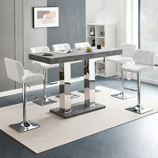 Caprice Large Bar Table with 6 Candid Stools - White, Concrete Effect