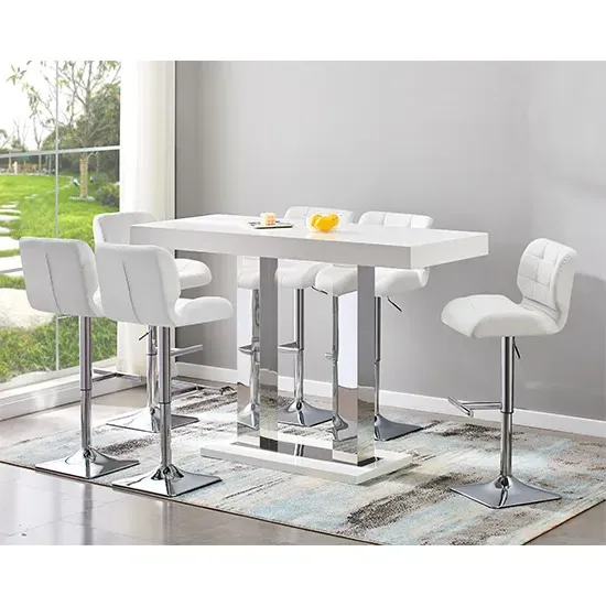 Caprice Large Bar Table with 6 Candid Stools - White, High Gloss