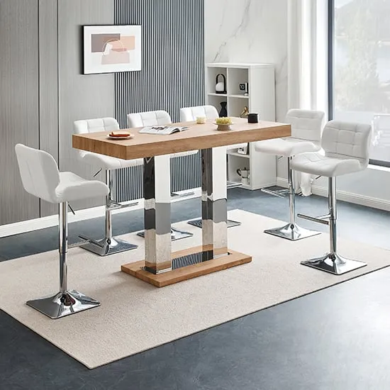 Caprice Large Bar Table with 6 Candid Stools - White, Oak Effect