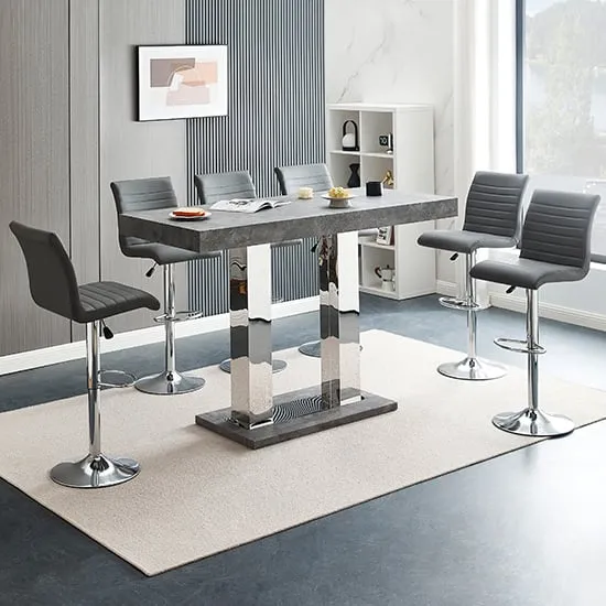 Caprice Large Bar Table with 6 Ripple Stools - Concrete Effect, Grey