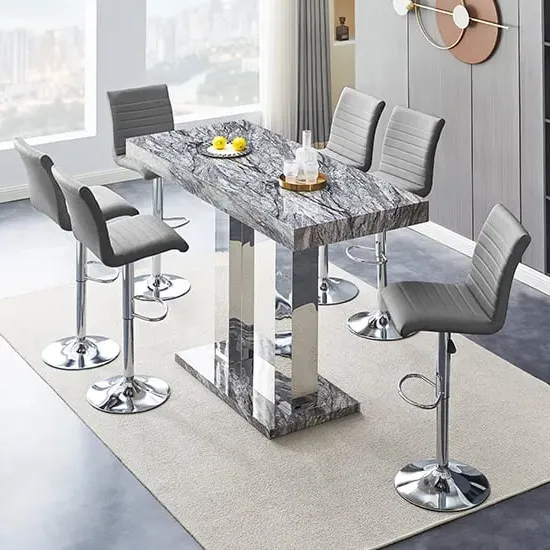 Caprice Large Bar Table with 6 Ripple Stools - Grey, MDF
