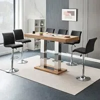 Caprice Large Bar Table with 6 Ripple Stools - Oak Effect, Black