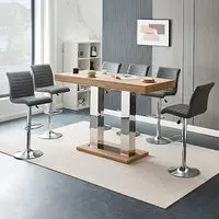 Caprice Large Bar Table with 6 Ripple Stools - Oak Effect, Grey