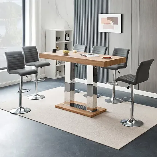 Caprice Large Bar Table with 6 Ripple Stools - Oak Effect, Grey