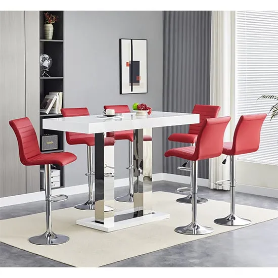 Caprice Large Bar Table with 6 Ripple Stools - White, Bordeaux