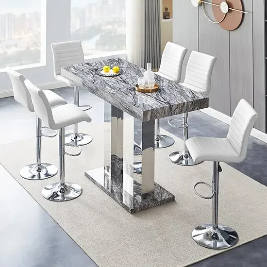 Caprice Large Bar Table with 6 Ripple Stools - White, MDF