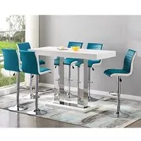 Caprice Large Bar Table with 6 Ritz Stools - Teal, White Gloss