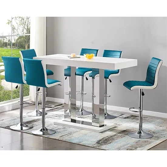 Caprice Large Bar Table with 6 Ritz Stools - Teal, White Gloss