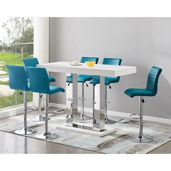 Caprice Large High Gloss Bar Table with 6 Ripple Stools - White, Teal