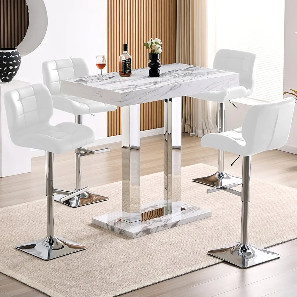 Caprice Small Bar Table with 4 Candid Stools - White, Filo Marble