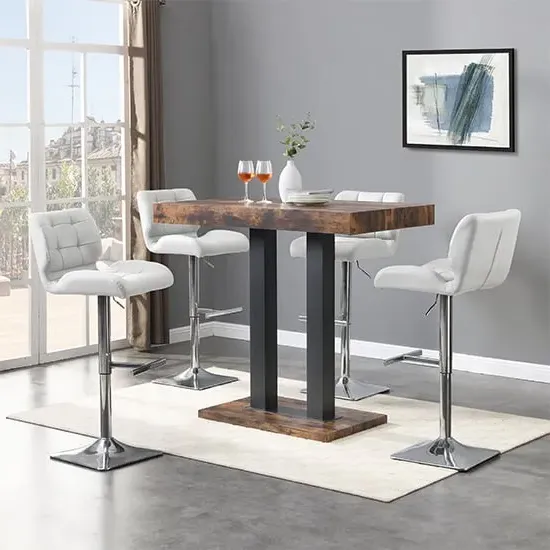 Caprice Small Bar Table with 4 Candid Stools - White, Rustic Oak