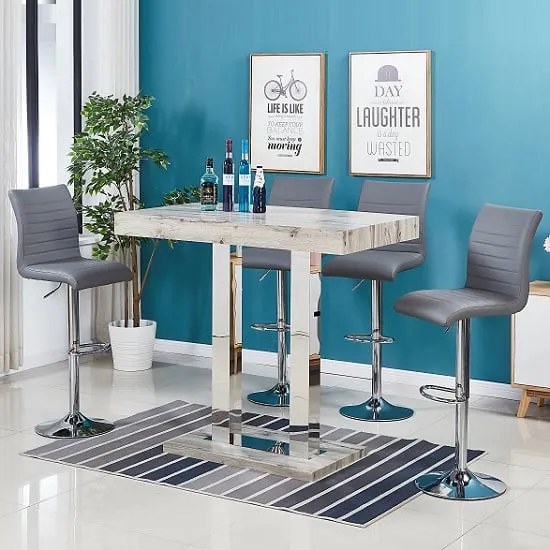 Caprice Small Bar Table with 4 Ripple Stools - Grey Oak, Grey