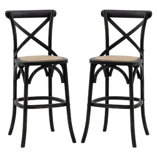 Caria Bar Stools with Rattan Seat - Black, Wood