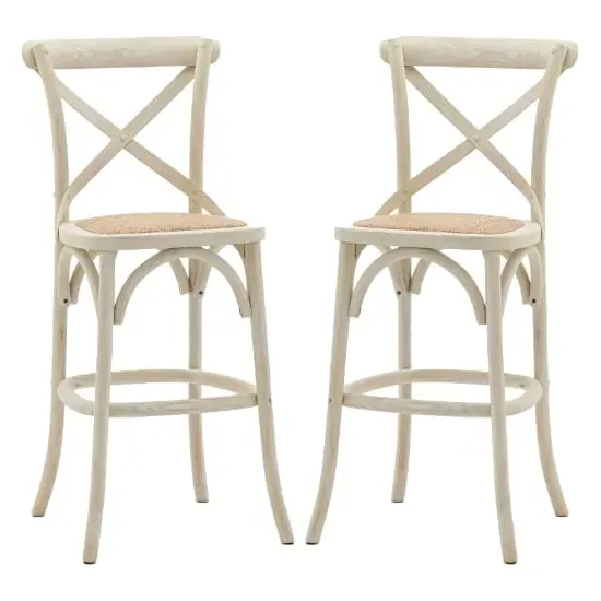 Caria Bar Stools with Rattan Seat - White, Wood