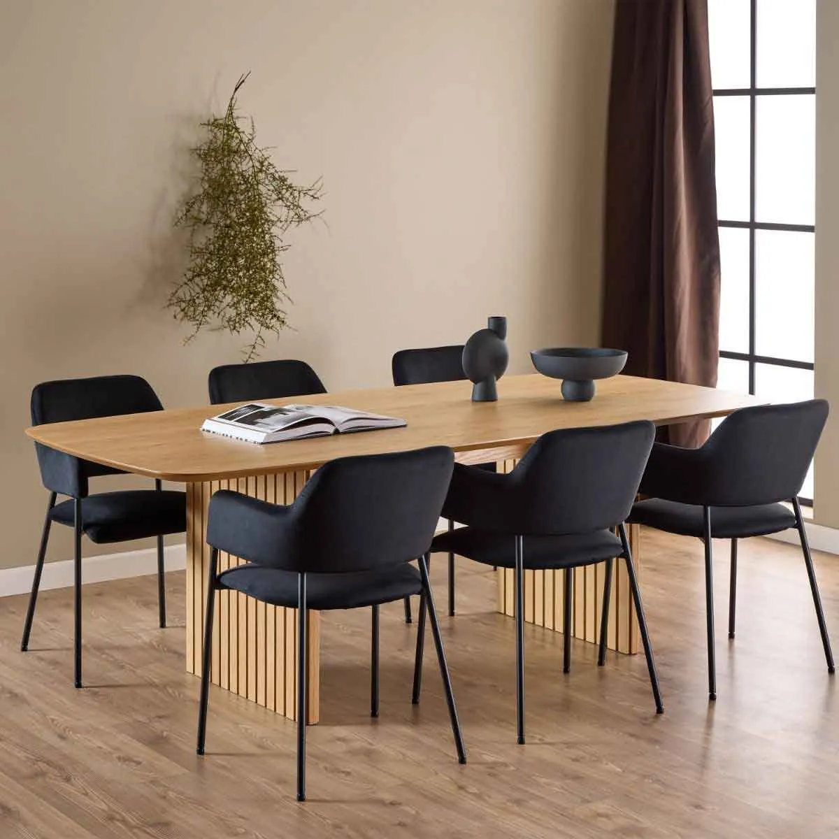 Carlisle Oak Dining Table with Laconia 6 Chairs - Black, Oak