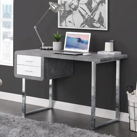 Carlo Computer Desk with Chrome Legs - Concrete Effect, White