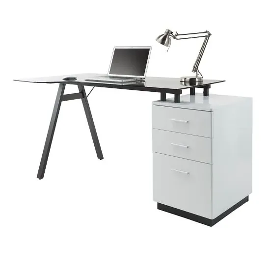 Carlton L-Shaped Laptop Desk with 3 Drawers - White, Glass image