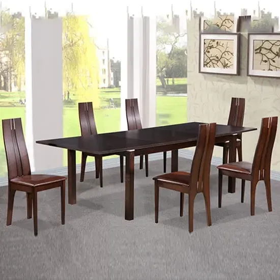 Carme Wooden Dining Set with 6 Beech Chairs - Dark Walnut