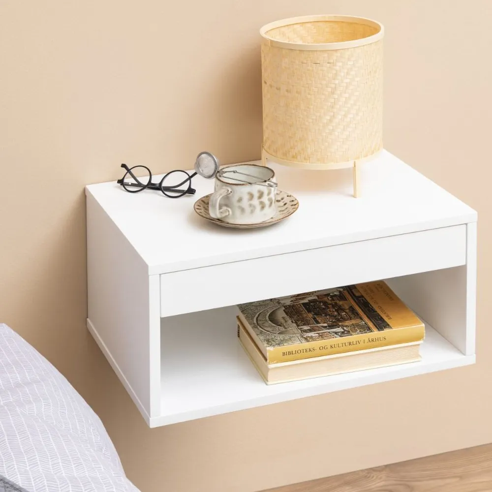 Carmel Wall Hung Bedside Cabinet with 1 Drawer - White, Wood product