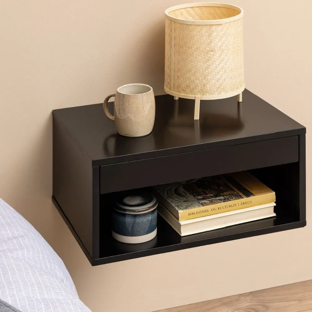 Carmel Wall Hung Bedside Cabinet with Drawer - Black, Wood image