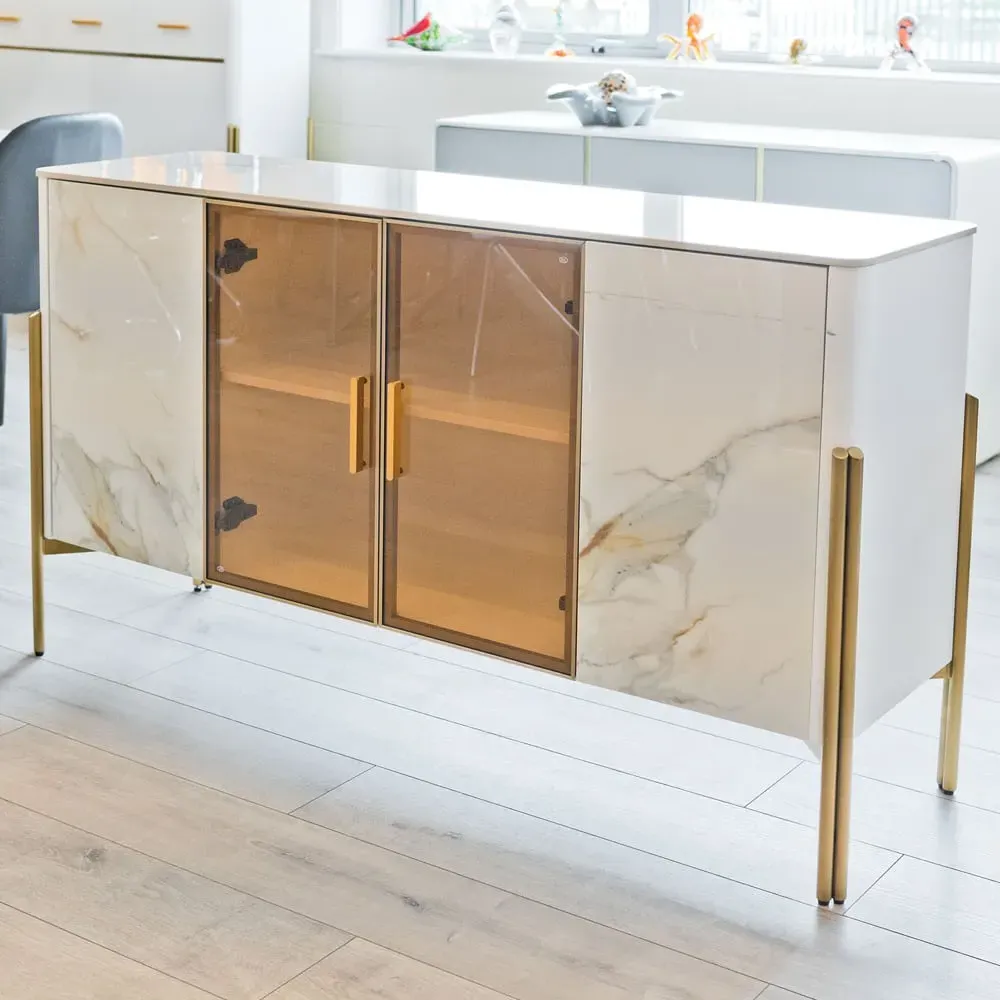 Carmel Wide Storage Cabinet 4 Doors - White, Marble