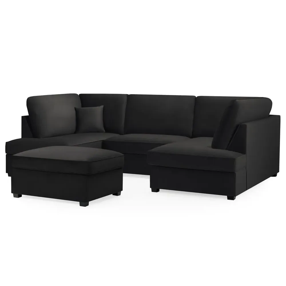 Caronia U-Shaped Corner Sofa - Black, Plush Velvet