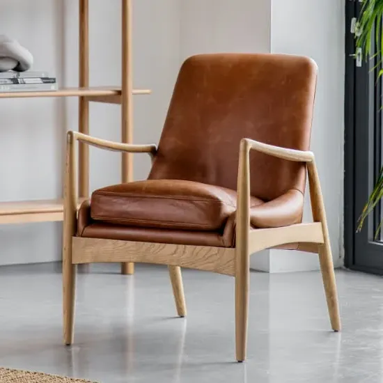 Carrara Leather Armchair with Wooden Frame - Brown, Leather