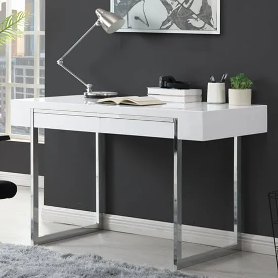 Casa Computer Desk with 2 Drawers - White, High Gloss image