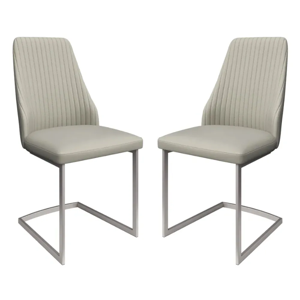 Castle Dining Chairs In Pair - Light Grey, Faux Leather