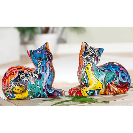 Cat Lying Pop Art Set of 2 Design Sculpture - Multicolour, Polyresin