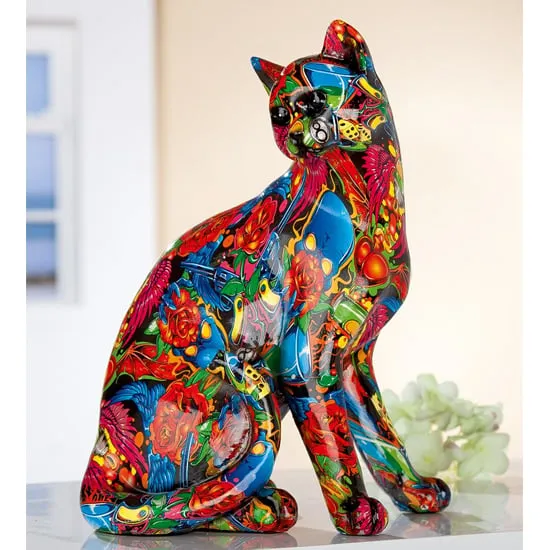 Cat Sitting Pop Art Design Sculpture - Multicolour, Polyresin