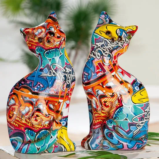 Cat Sitting Pop Art Set of 2 Design Sculpture - Multicolour, Polyresin