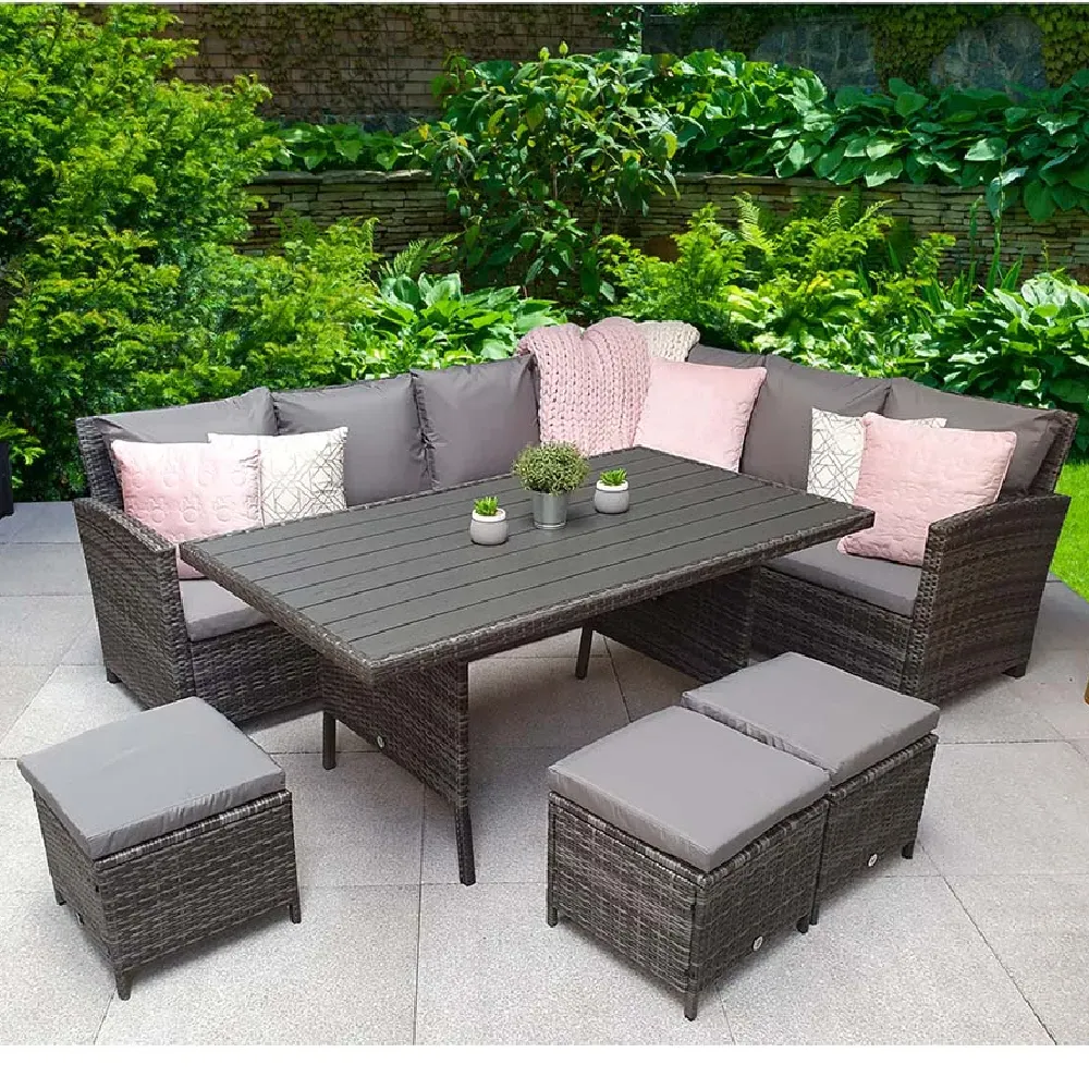 Caxias Corner Garden Dining Set with 3 Ottomans - Grey, Rattan