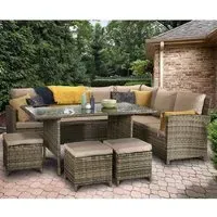 Caxias Glass Top Corner Dining Set with 3 Ottomans - Brown