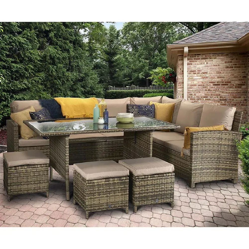 Caxias Glass Top Corner Dining Set with 3 Ottomans - Brown image
