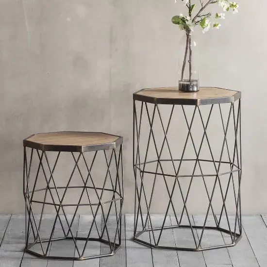Caylee Wooden Nesting Side Tables with Metal Frame - Natural image