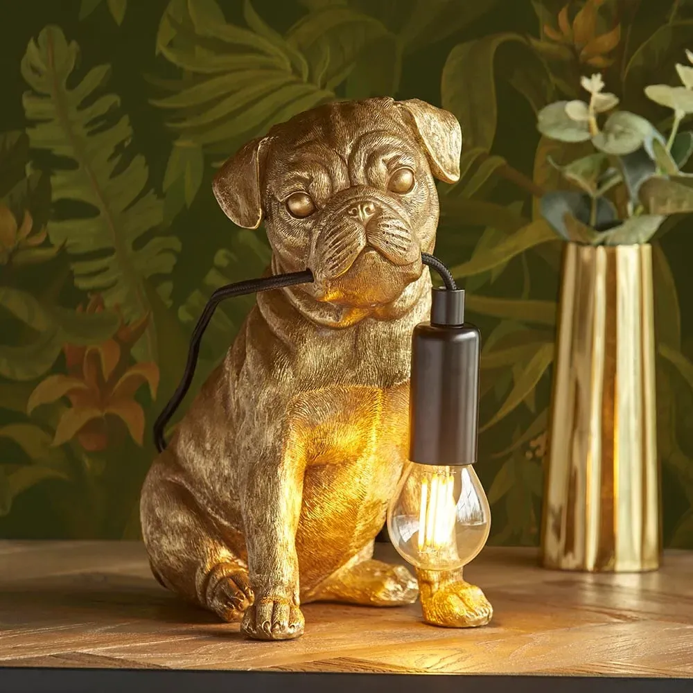 Cesme Pug Puppy Table Lamp - Vintage Gold, Resin