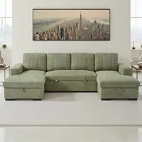 Cevrix U-Shape Corner Sofa Bed with Storage - Green, Fabric alternate view
