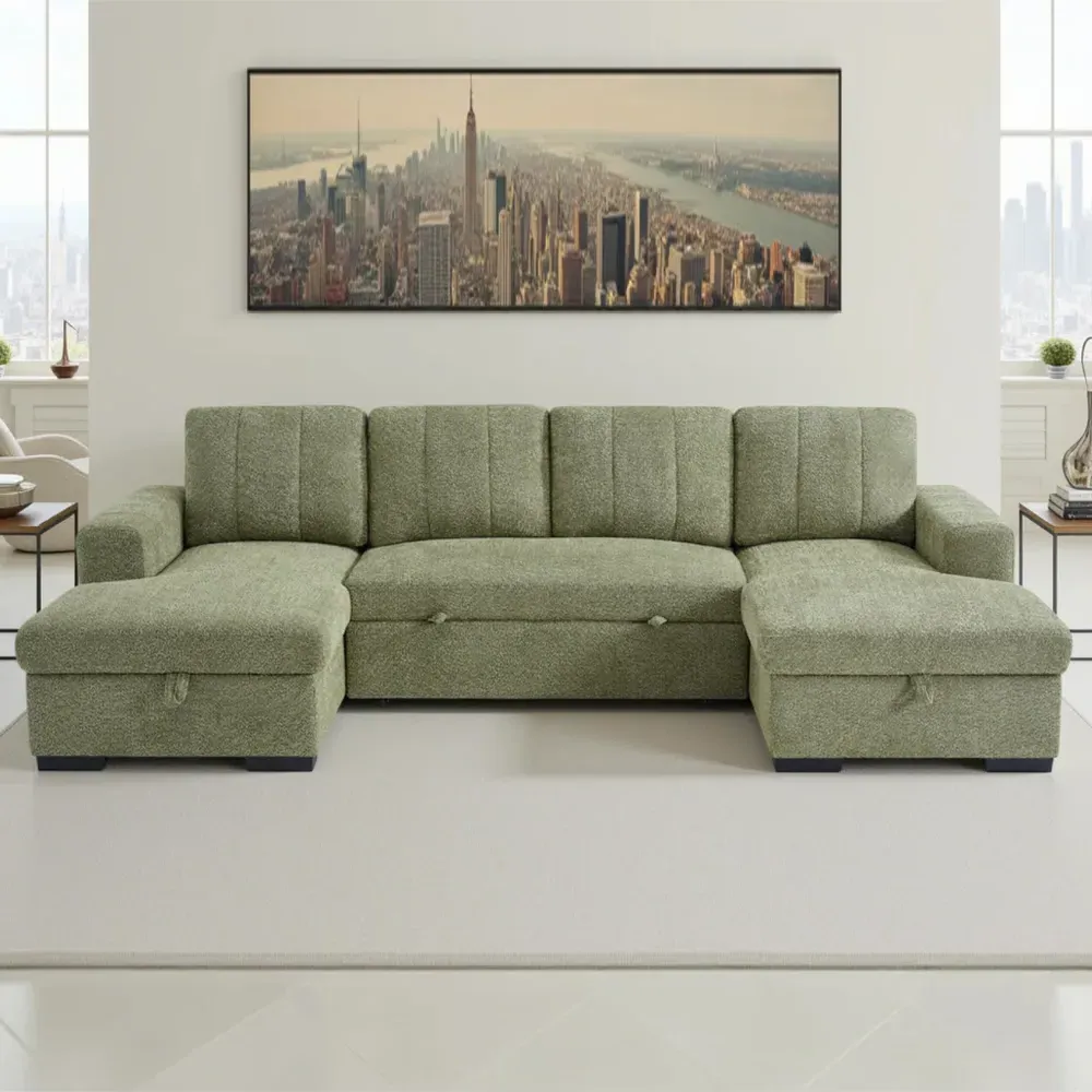 Cevrix U-Shape Corner Sofa Bed with Storage - Green, Fabric product