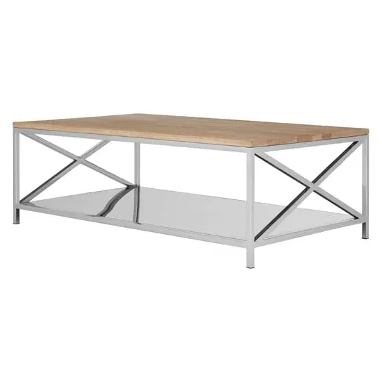 Chaw Coffee Table with Mirrored Shelf - Oak, Stainless Steel