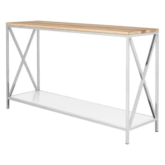 Chaw Console Table with Mirrored Shelf - Oak, Stainless Steel