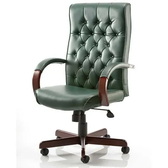 Chesterfield Office Chair with Arms - Green, Leather