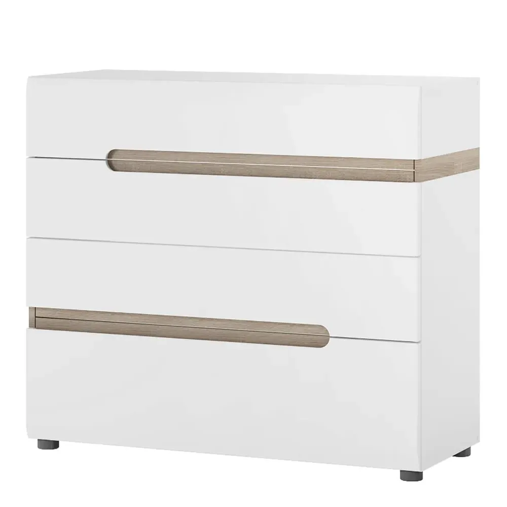 Cheya High Gloss Chest of 4 Drawers - White, Truffle Oak
